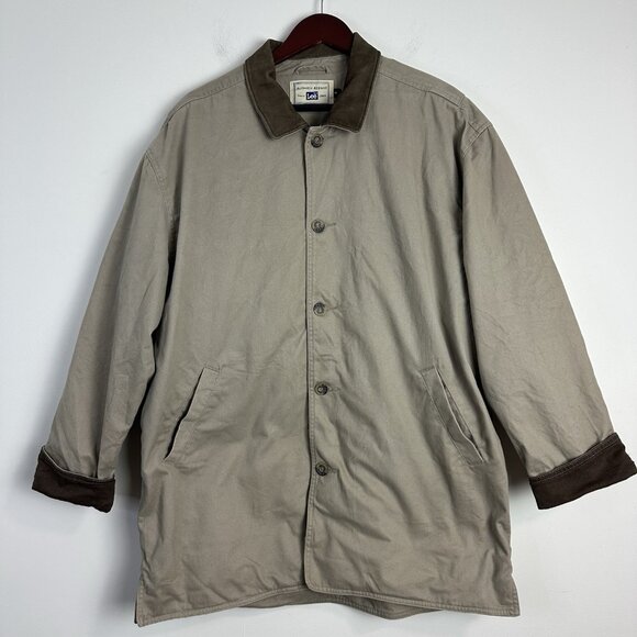 Vintage 90s Lee Barn Chore Coat Leather Collar Lined Tan Jacket Mens Med